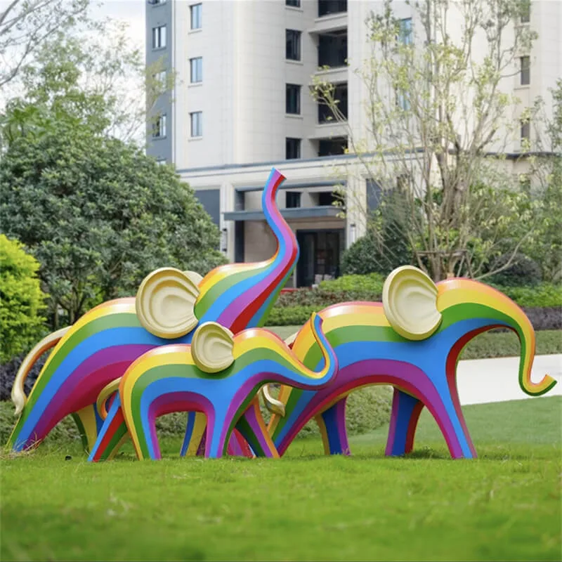 Rainbow Line Abstract Fiberglass Elephant Sculpture | Outdoor Garden Community Photo Spot Decor — view 2