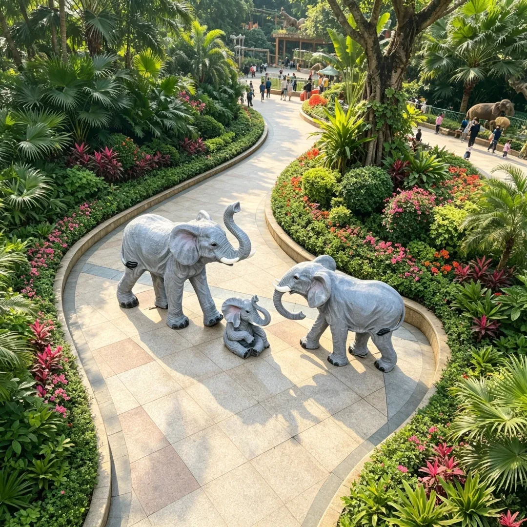 Realistic Elephant Family Fiberglass Outdoor Sculpture Group — view 4