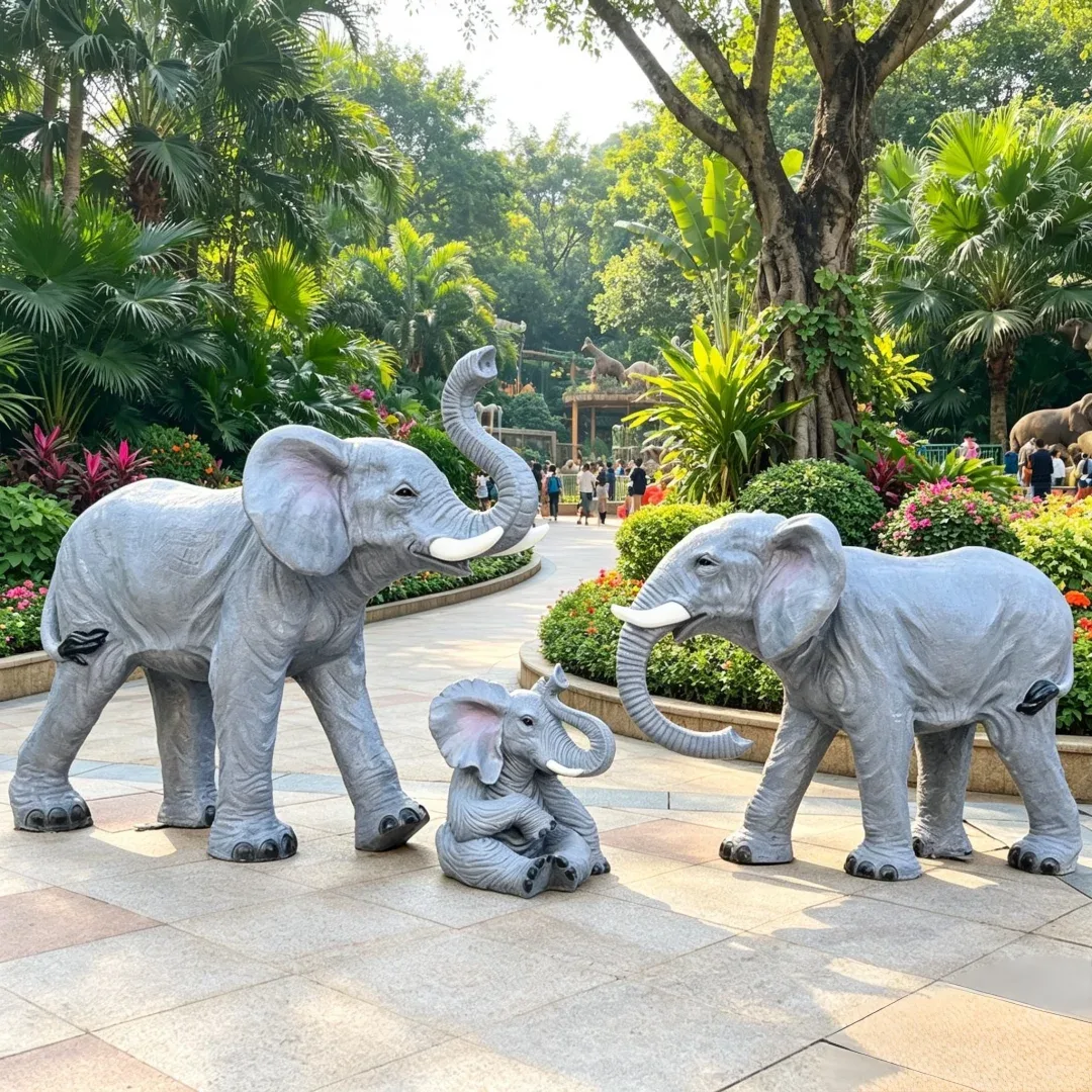 Realistic Elephant Family Fiberglass Outdoor Sculpture Group — view 3