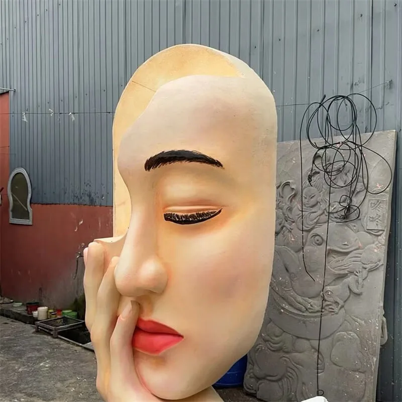 Realistic Human Face FRP Sculpture – Artistic Half-Face Ornament for Mall Viral Photo Spot Installation — view 3