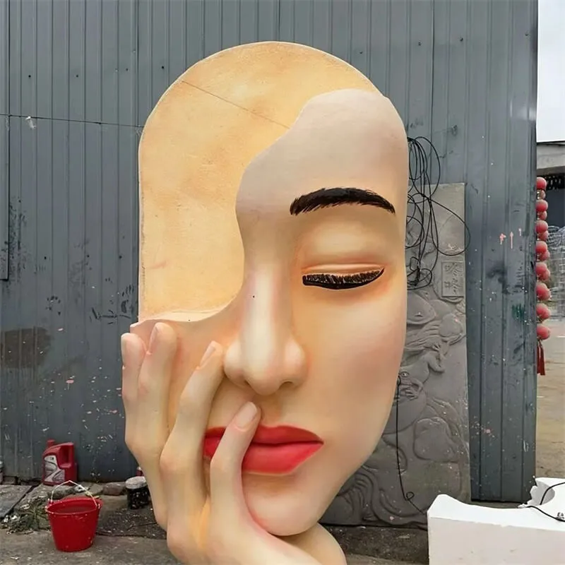 Realistic Human Face FRP Sculpture – Artistic Half-Face Ornament for Mall Viral Photo Spot Installation — view 4