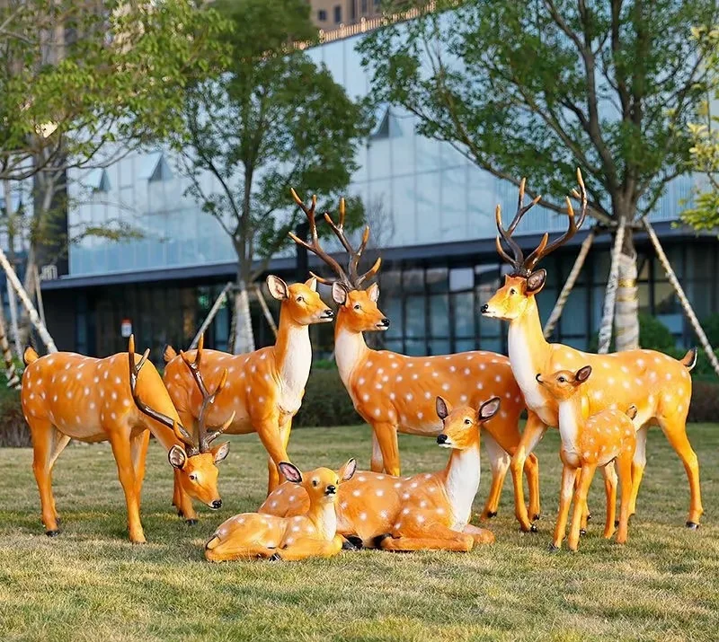 Realistic Sika Deer Family Fiberglass Sculpture Set for Garden & Public Decor — view 4