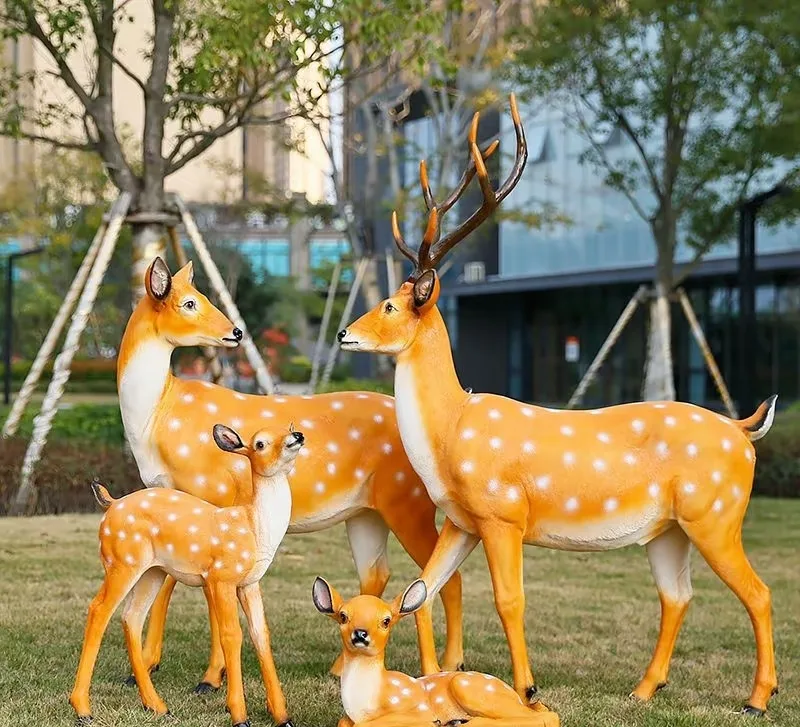 Realistic Sika Deer Family Fiberglass Sculpture Set for Garden & Public Decor — view 3