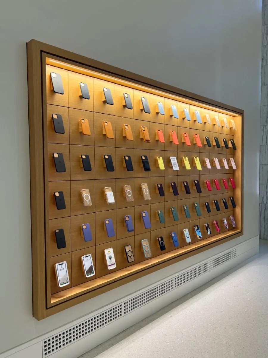 Recessed Grid Wooden LED Phone Case Display Wall Cabinet