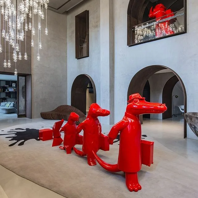 Red Geometric Crocodile Fiberglass Sculpture Set for Modern Spaces