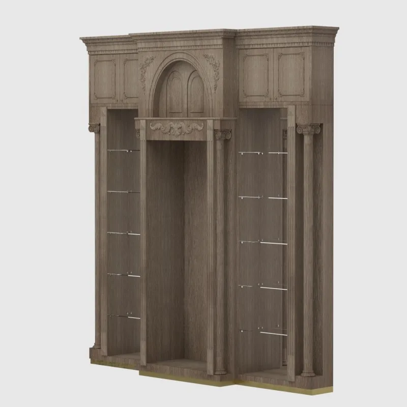 Retro Jewelry Cabinet – Vintage Open Display Shelf Cabinet with Solid Wood Carvings for Jewelry Stores & Home Use