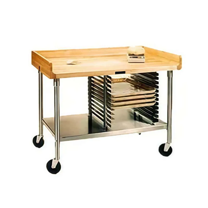 Rolling Wood Top Bakery Prep Table with Built-In Pan Racks Lock Wheel — view 4