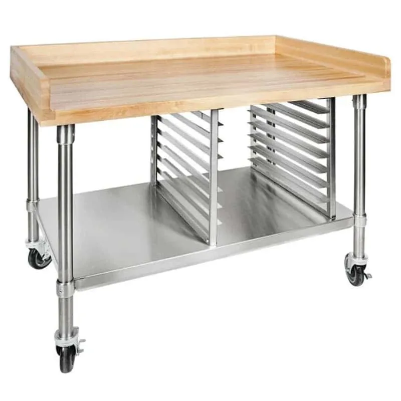 Rolling Wood Top Bakery Prep Table with Built-In Pan Racks Lock Wheel — view 3