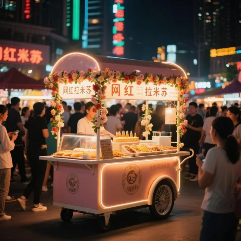 Romantic Floral Mobile Bakery Cart For Tiramisu Street Dessert Business — view 3