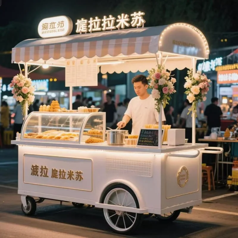 Romantic Floral Mobile Bakery Cart For Tiramisu Street Dessert Business — view 4
