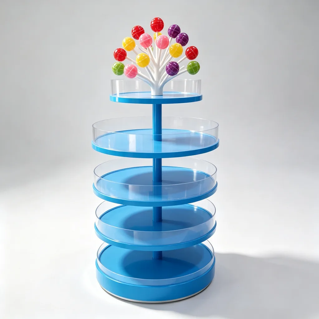 Rotating Tiered Candy Display Stand with Lollipop Tree Topper Blue Acrylic