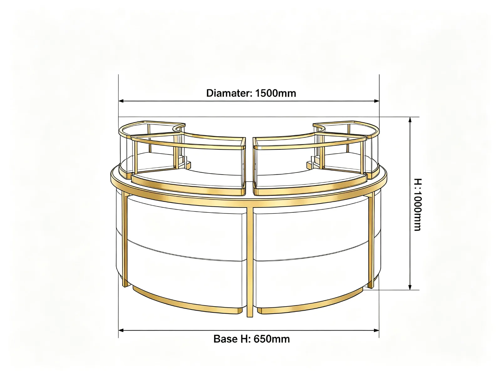 Round Circular Jewelry Display Counter White Curved Cabinet Gold Brass Frame — product detail 1