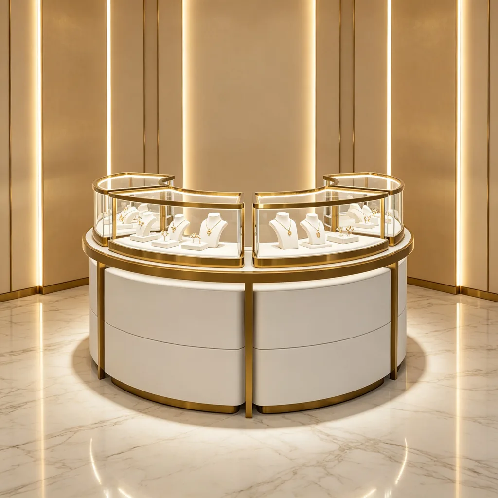 Round Circular Jewelry Display Counter White Curved Cabinet Gold Brass Frame