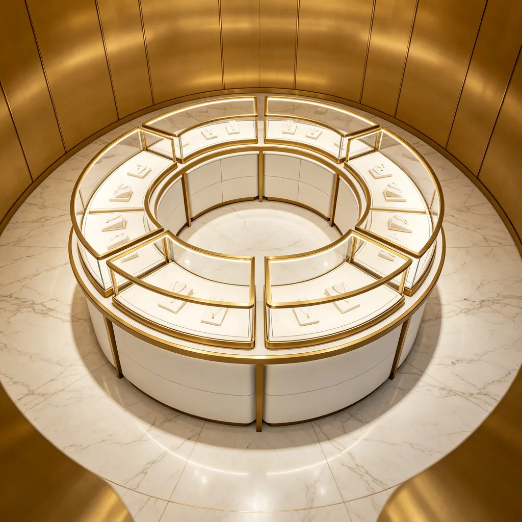 Round Circular Jewelry Display Counter White Curved Cabinet Gold Brass Frame — view 4