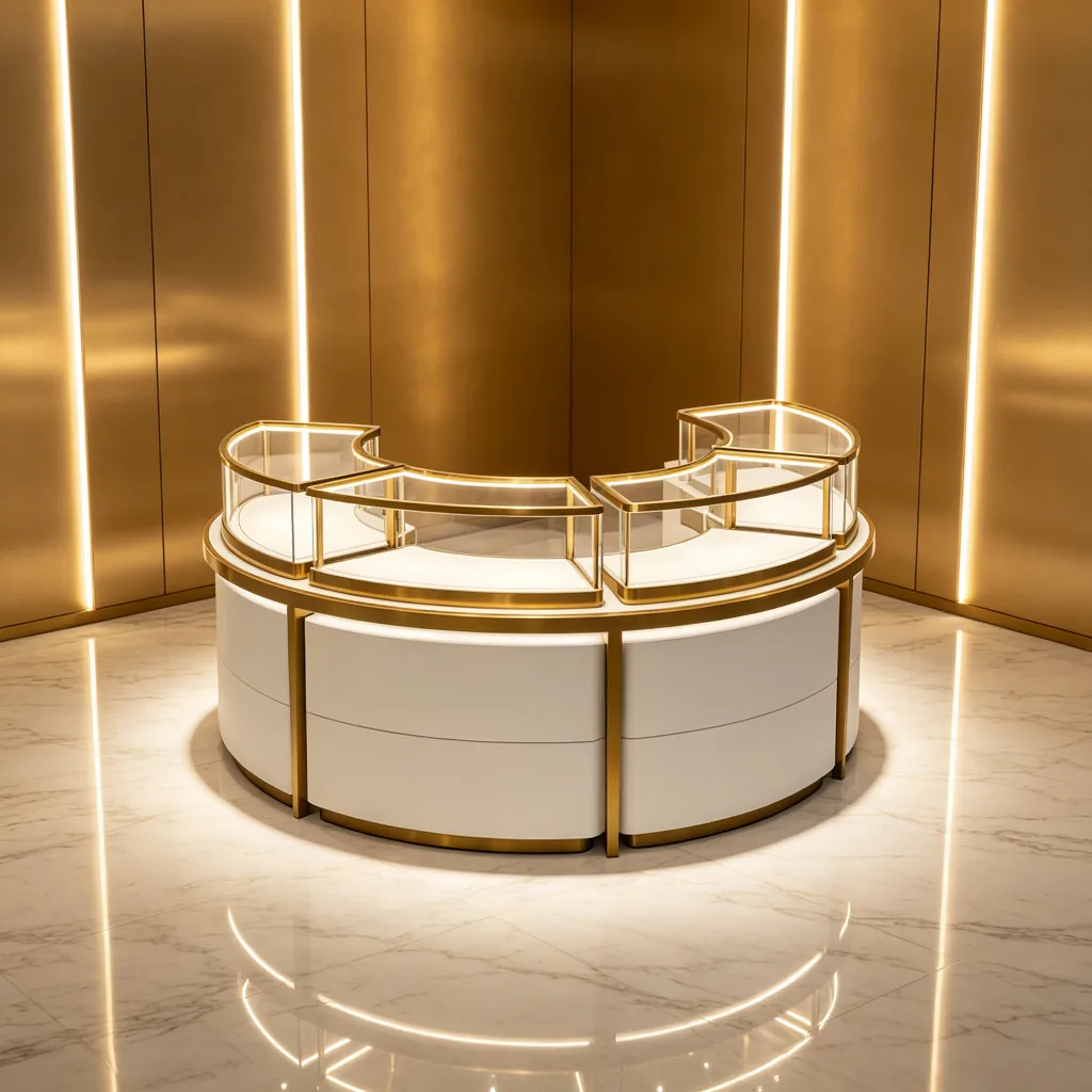 Round Circular Jewelry Display Counter White Curved Cabinet Gold Brass Frame — view 2
