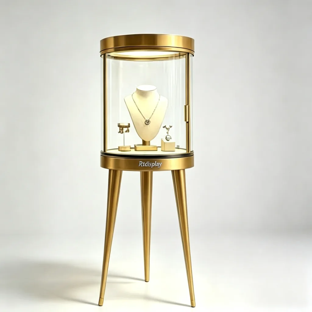 Round Cylindrical Glass Jewelry Display Tower Gold Brass 3 Tapered Legs LED — view 3