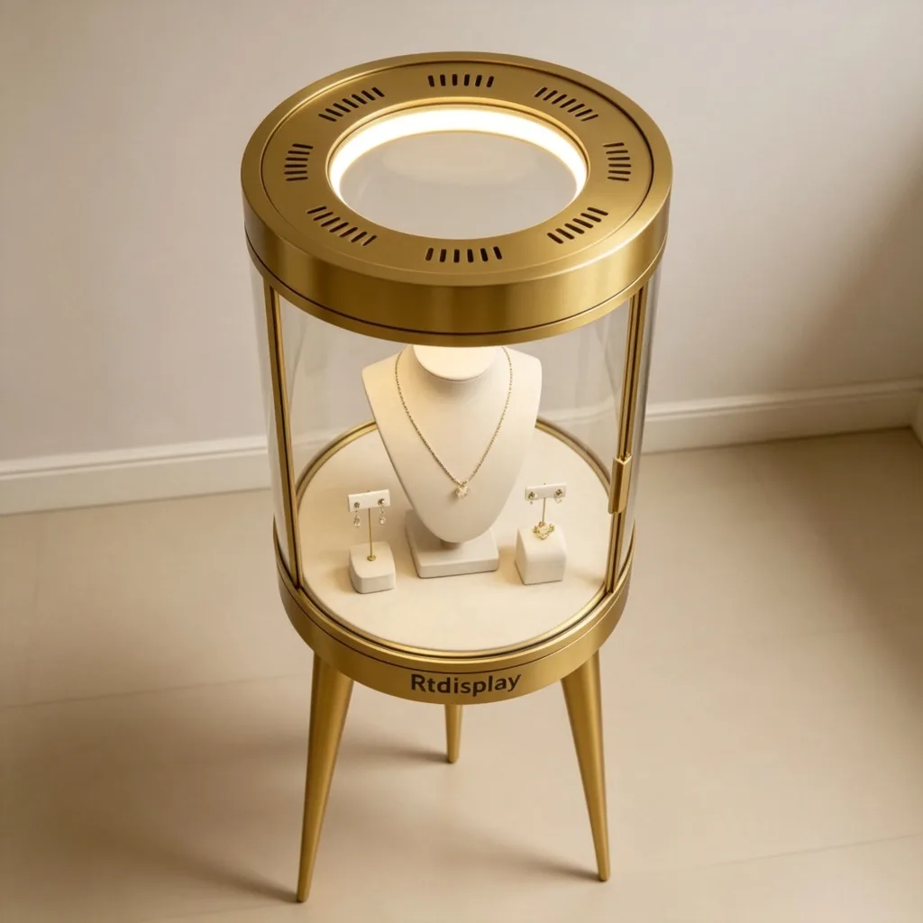 Round Cylindrical Glass Jewelry Display Tower Gold Brass 3 Tapered Legs LED — view 4