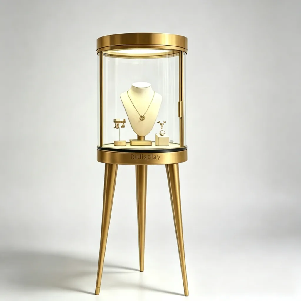 Round Cylindrical Glass Jewelry Display Tower Gold Brass 3 Tapered Legs LED