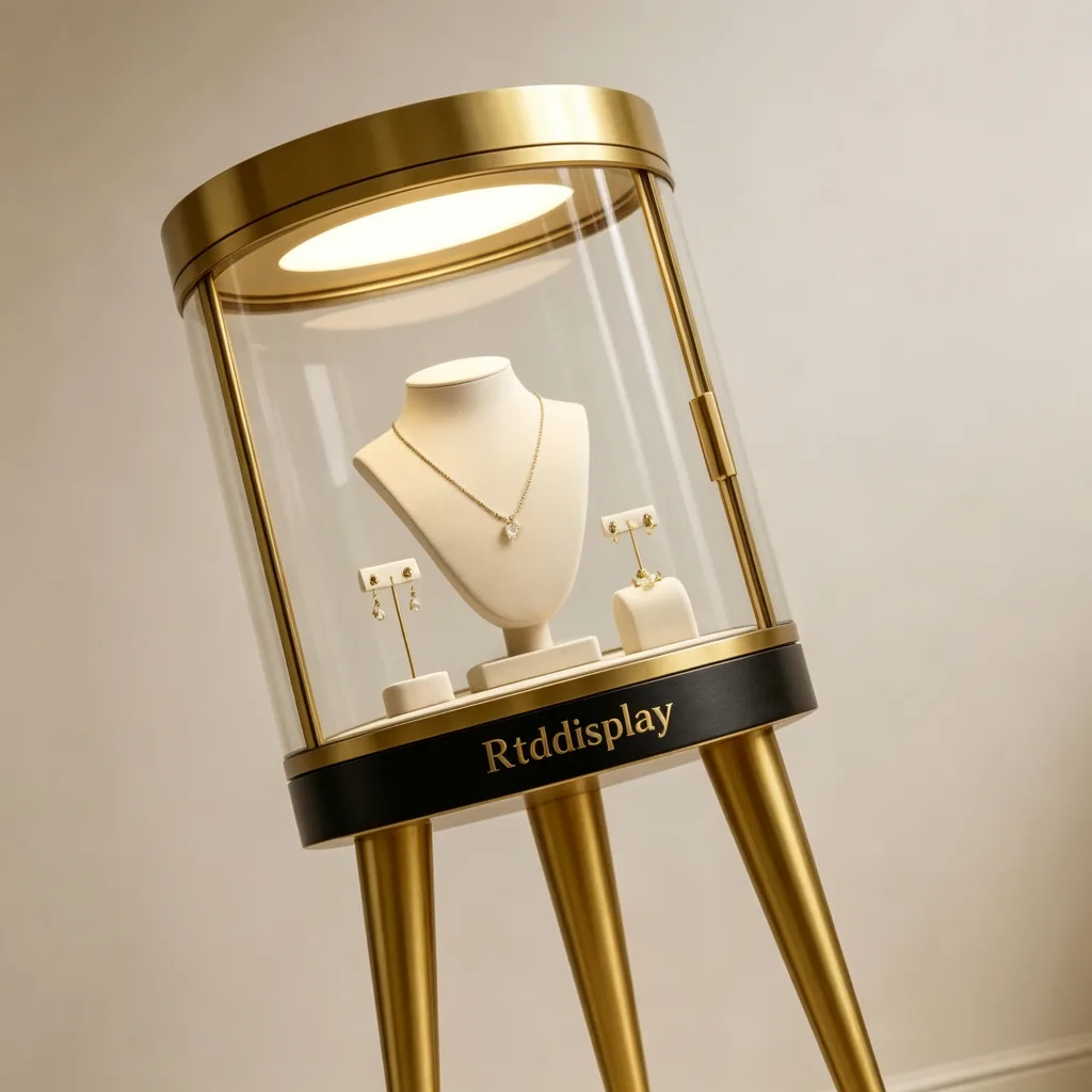Round Cylindrical Glass Jewelry Display Tower Gold Brass 3 Tapered Legs LED — view 2