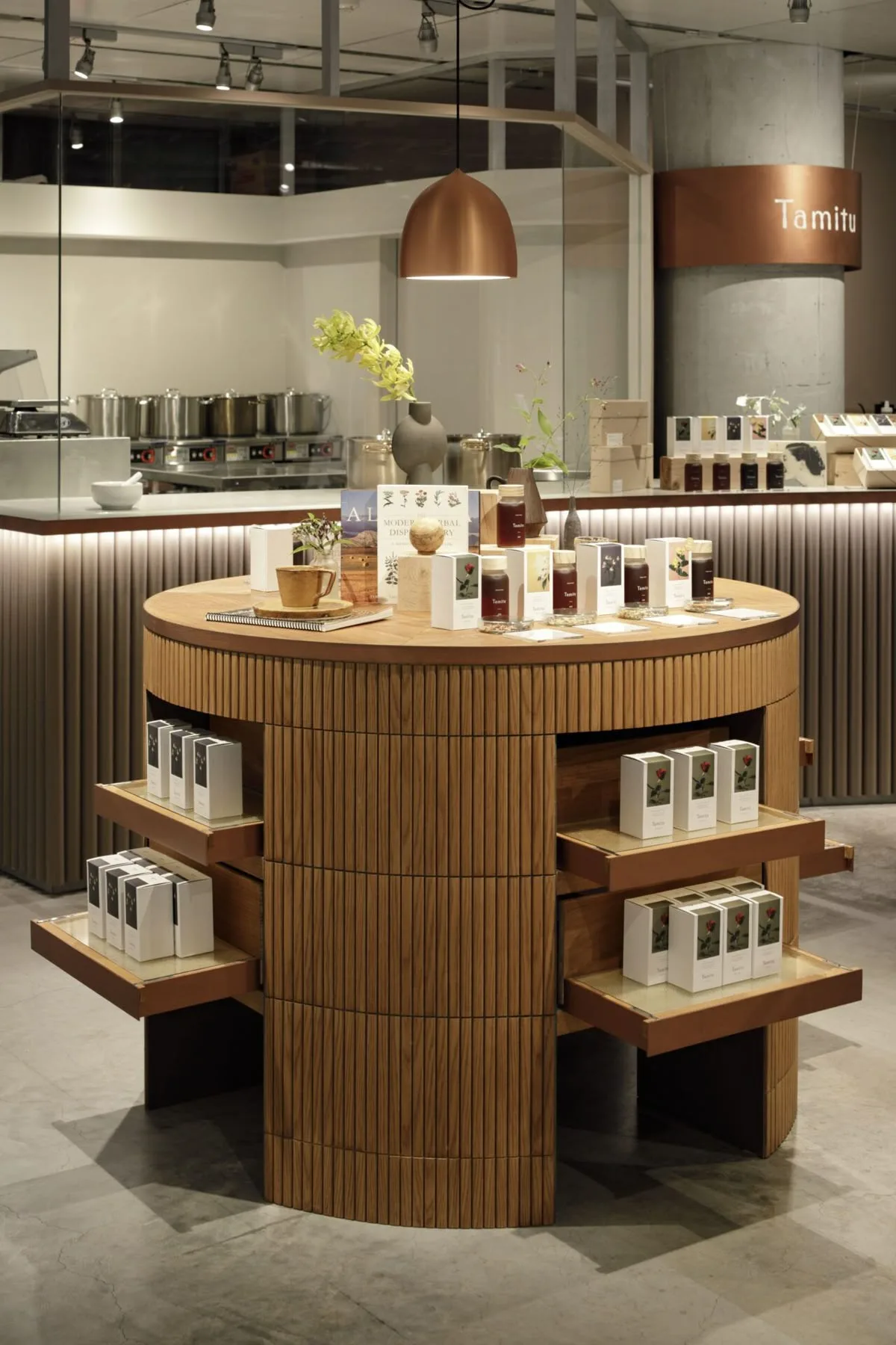 Round Fluted Wood Retail Display Island