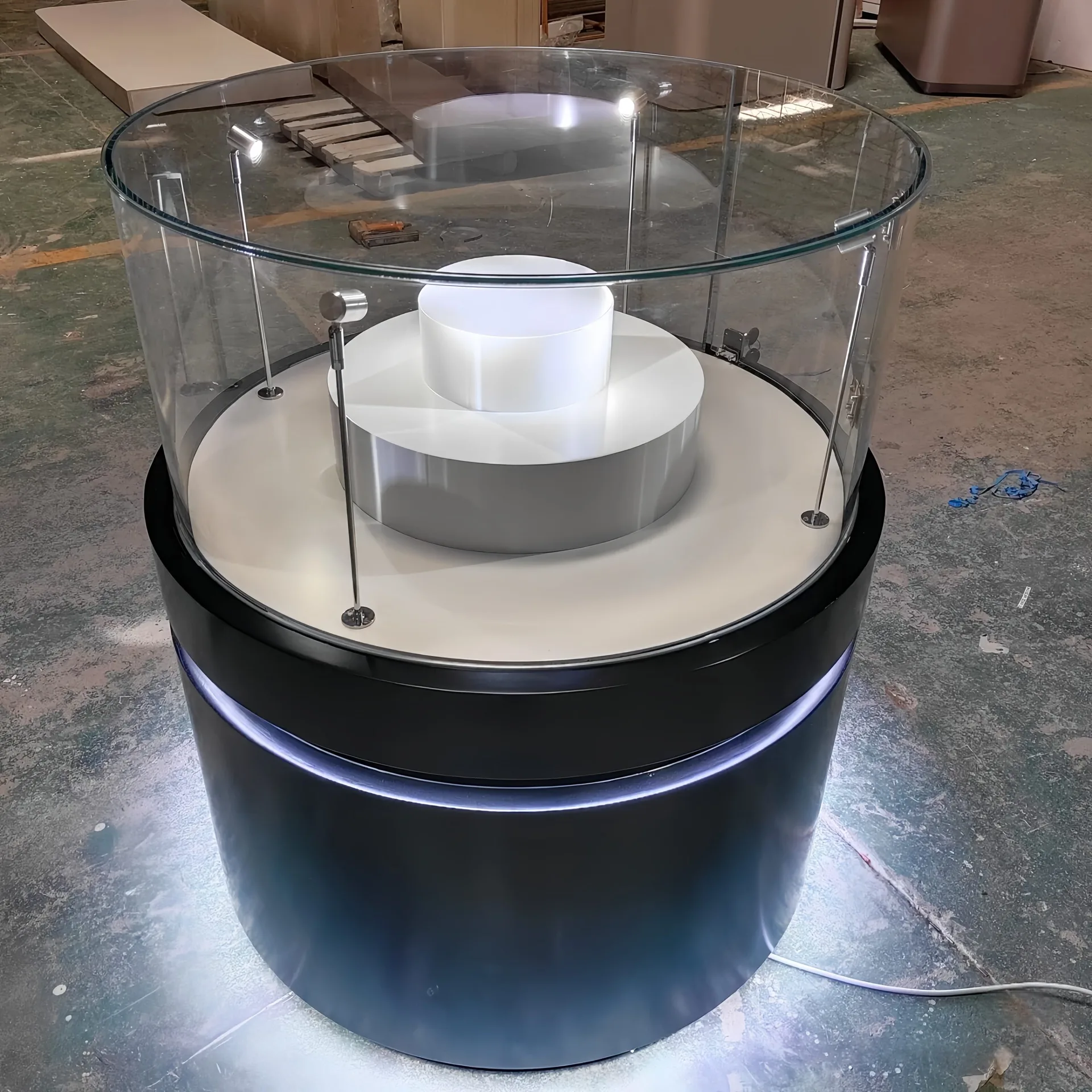 Round Glass Display Cabinet with LED Illuminated Black Base and Stepped Interior Platform — view 2