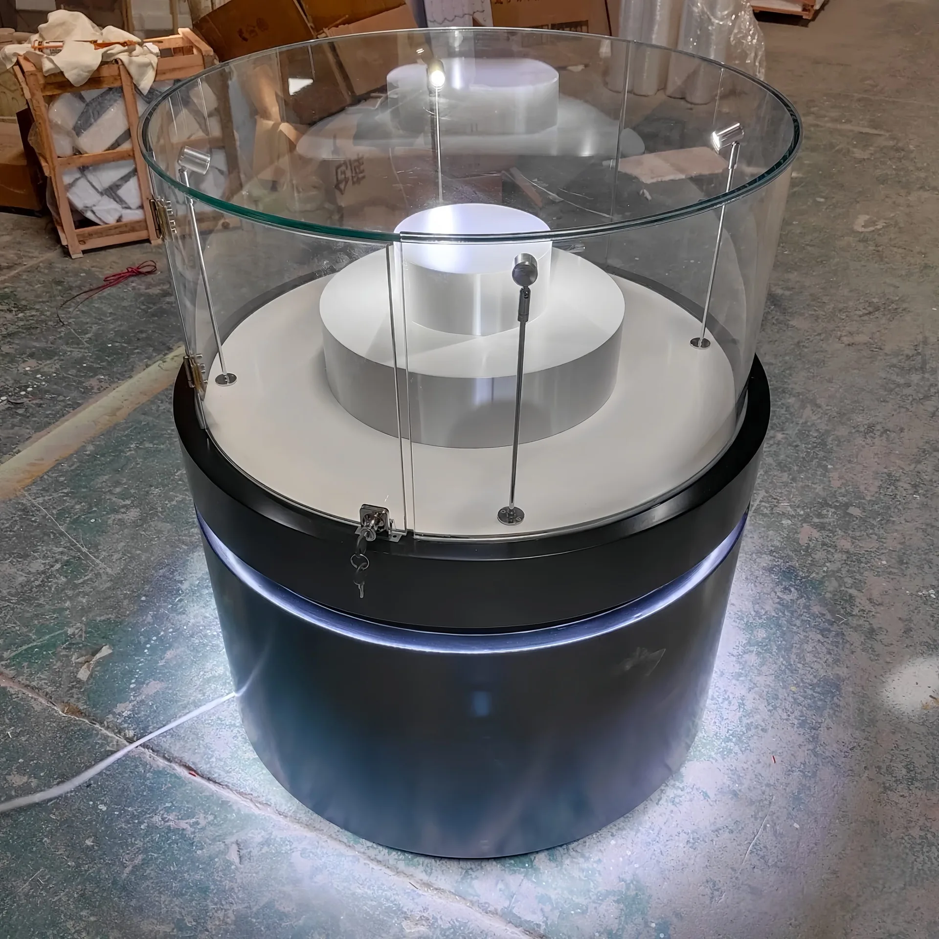 Round Glass Display Cabinet with LED Illuminated Black Base and Stepped Interior Platform