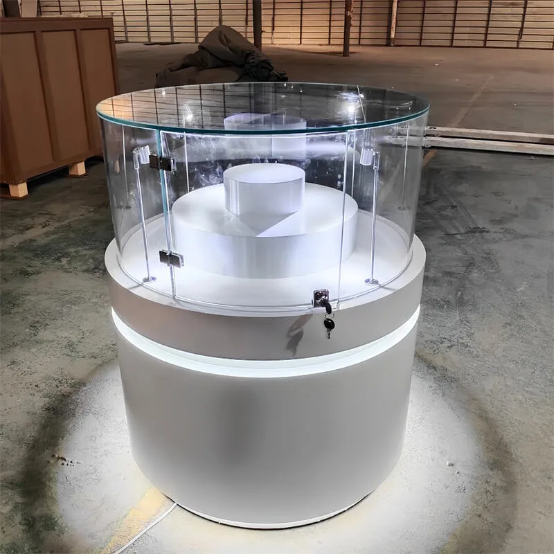 Round Jewelry Display Showcase | Curved Tempered Glass Lockable Island Jewelry Display Cabinet | LED Light Jewelry Display Cabinet for Store