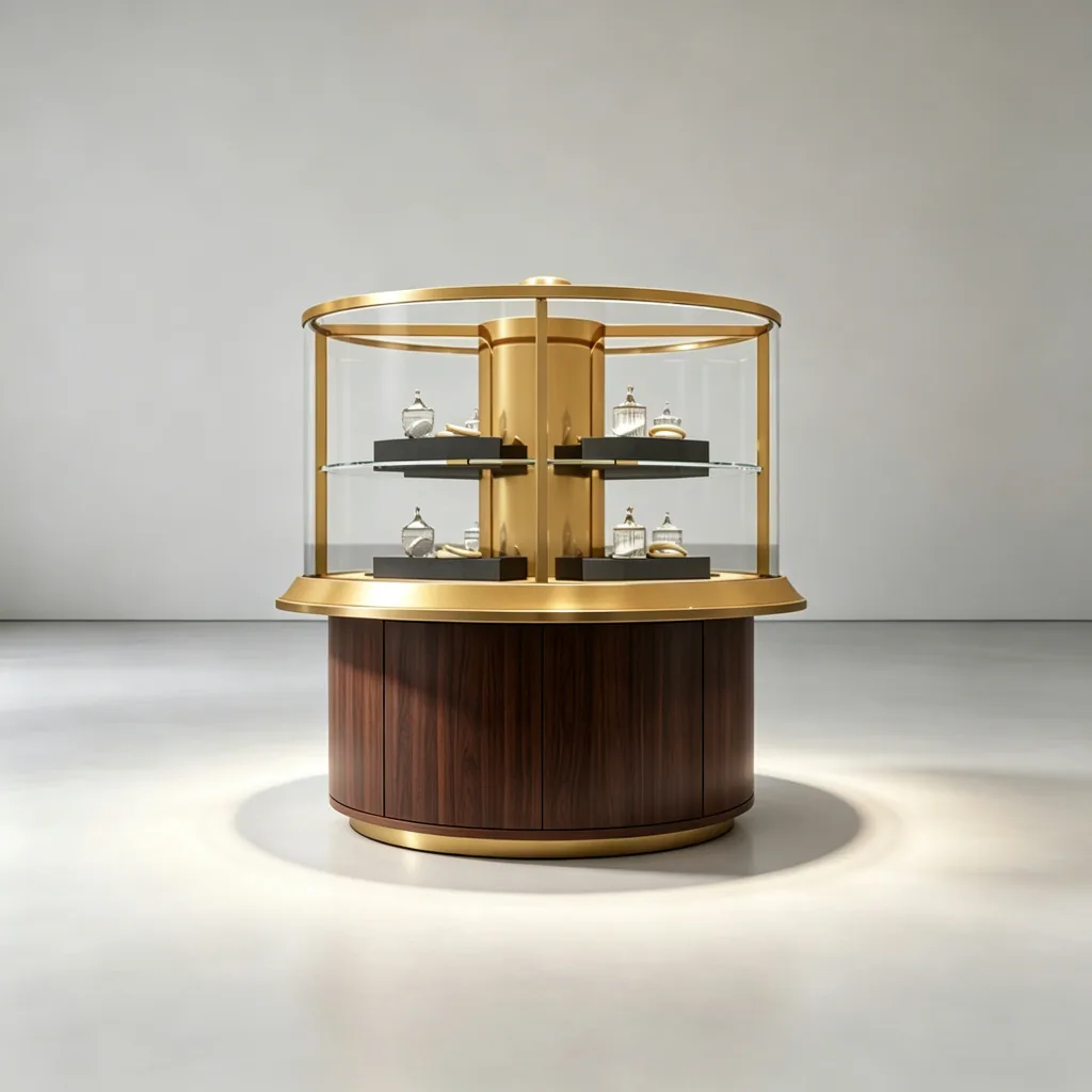 Round glass jewelry showcase with a dark wood grain base, gold frame and two display tiers, front view