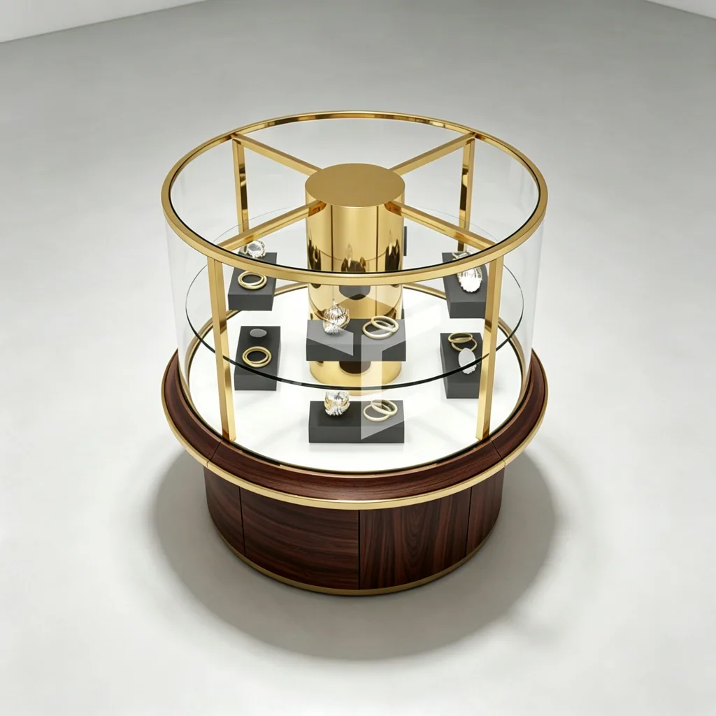 Cylindrical jewelry showcase viewed from above with gold radial dividers and ring display pads