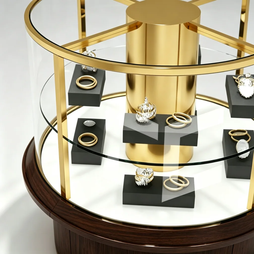 Close-up of two glass shelves and a gold center column inside a round jewelry display case