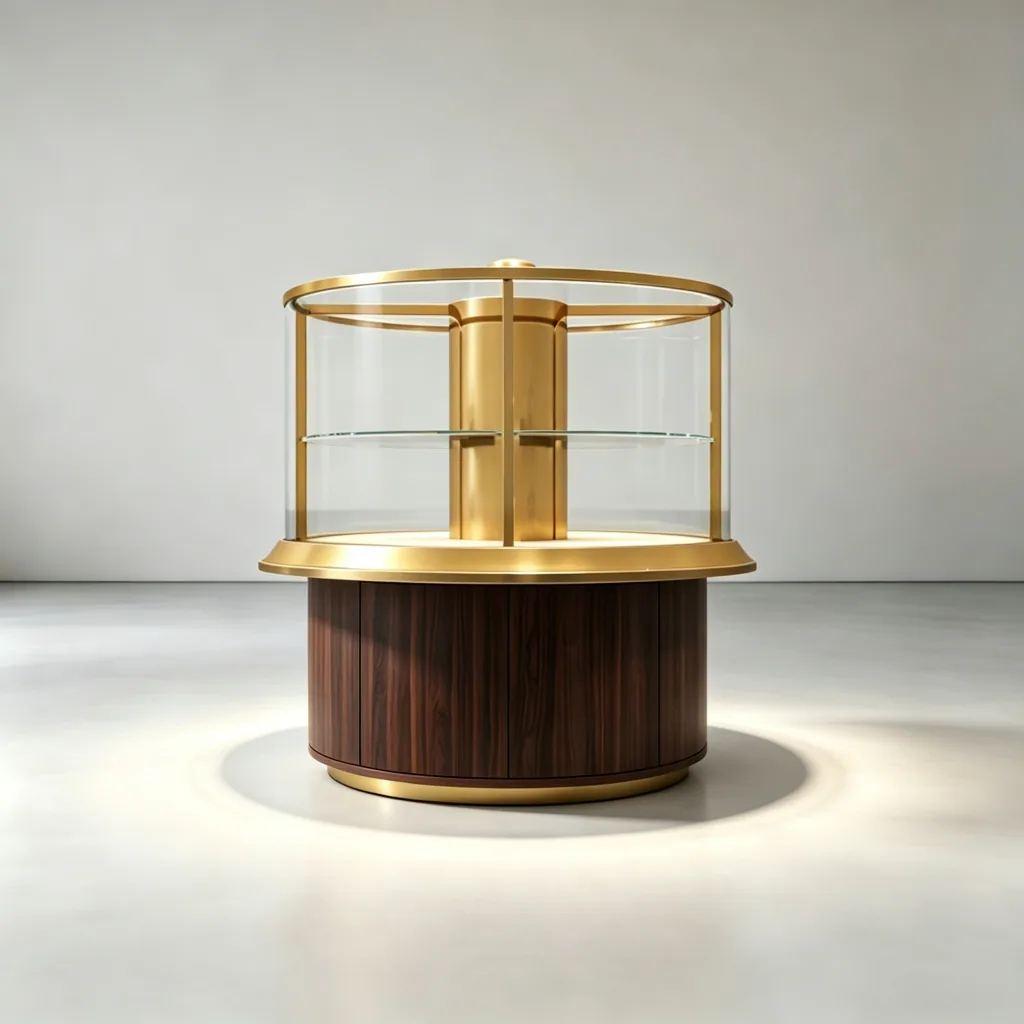Empty round jewelry showcase with a wood grain cabinet base and gold trim, front view