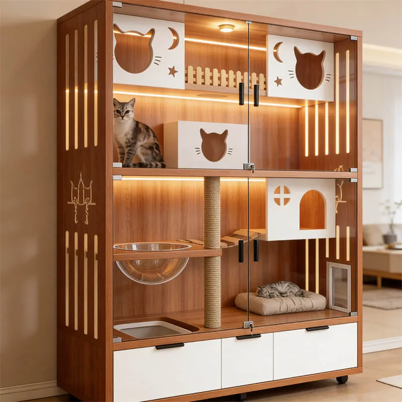 Rustic Cat Tree Integrated Display Cabinet with Warm LED & Scratching Post | Multi-Cat Villa for Home & Commercial
