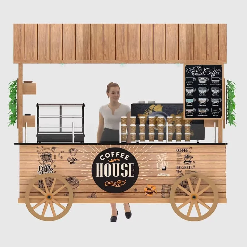 Rustic Wooden House Mobile Bakery Cart With Display Wheels Street Food Vending — view 3