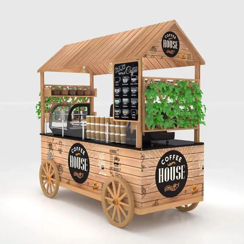 Rustic Wooden House Mobile Bakery Cart With Display Wheels Street Food Vending — view 4