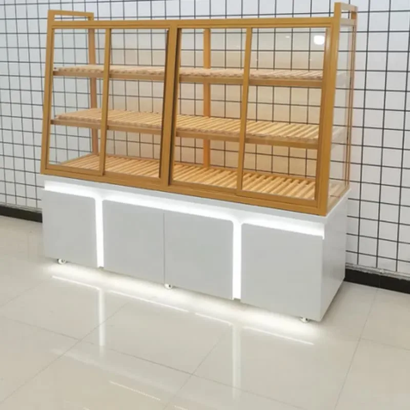 Sliding glass bread display cabinet pastry shop rack with storage cabinet and movable casters — view 3