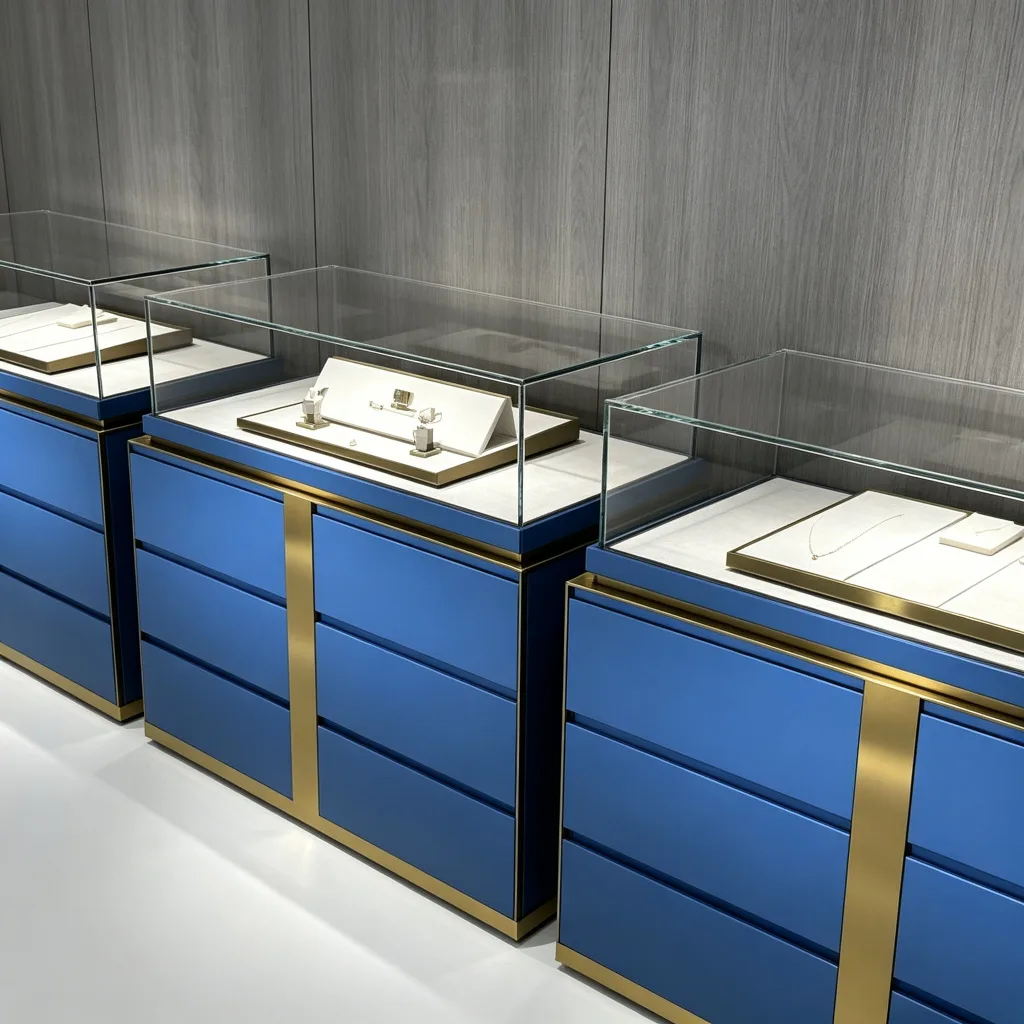 Smoked Grey Oak Jewelry Feature Wall Set Rectangular Cases Blue Gold Counters — view 4