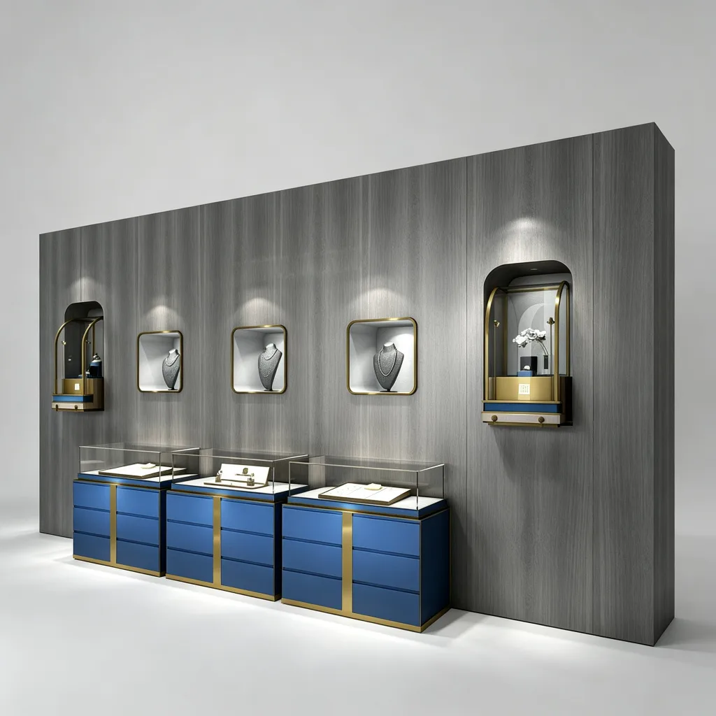 Smoked Grey Oak Jewelry Feature Wall Set Rectangular Cases Blue Gold Counters
