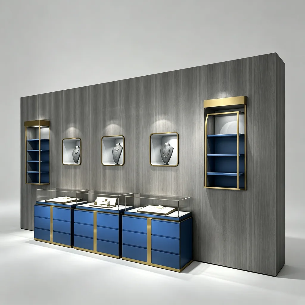 Smoked Grey Oak Jewelry Feature Wall Set Rectangular Cases Blue Gold Counters — view 2