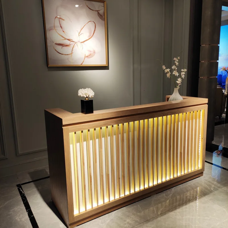 Solid wood striped salon reception desk & stylish hotel reception desk with led — view 3