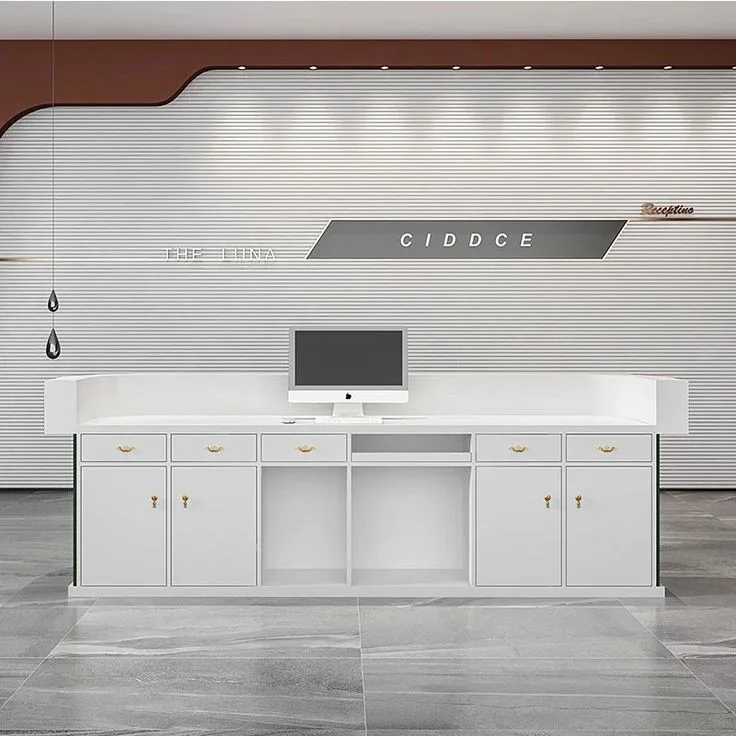 Solid wood stripes office reception desk custom consultation desk & hotel front desk — view 3