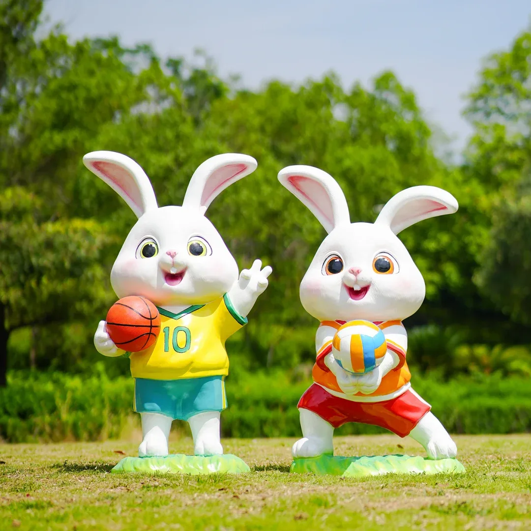 Sports Cartoon Rabbit Fiberglass Sculpture For Park Holiday Fitness Landscape Decor — view 5