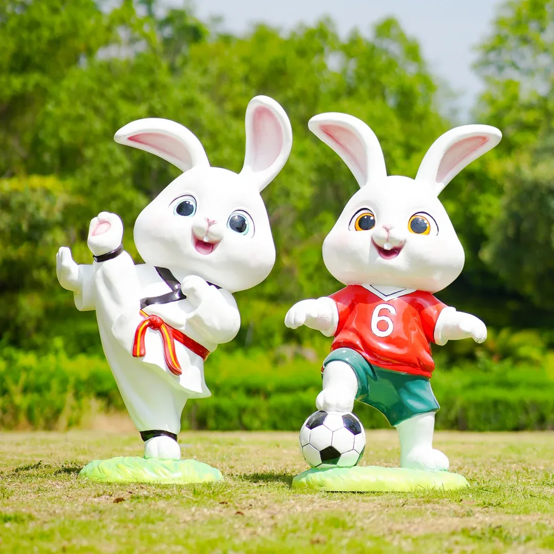 Sports Cartoon Rabbit Fiberglass Sculpture For Park Holiday Fitness Landscape Decor — view 3
