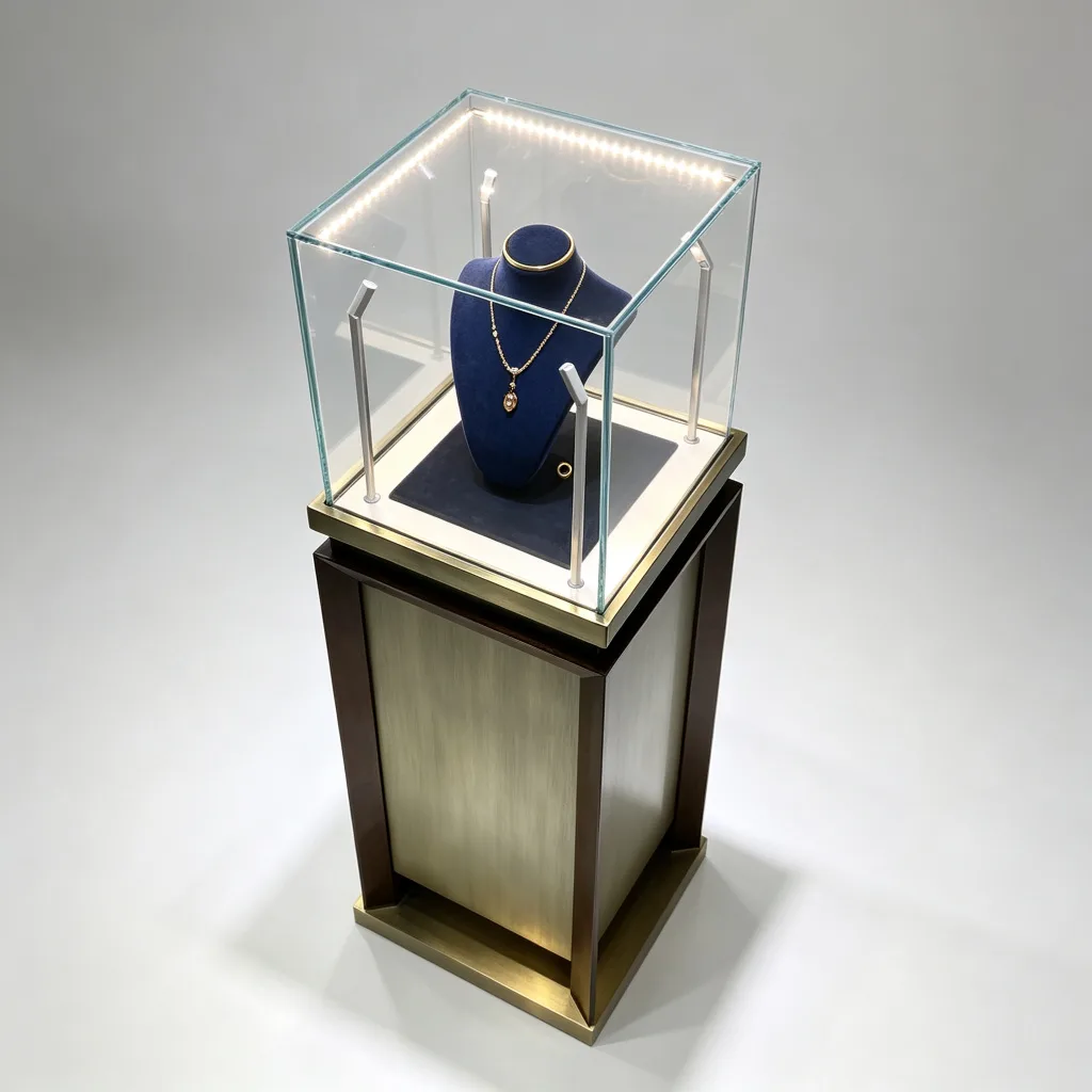 Square Glass Jewelry Display Case Dark Wood Gold Brass Pedestal Stand — view 4