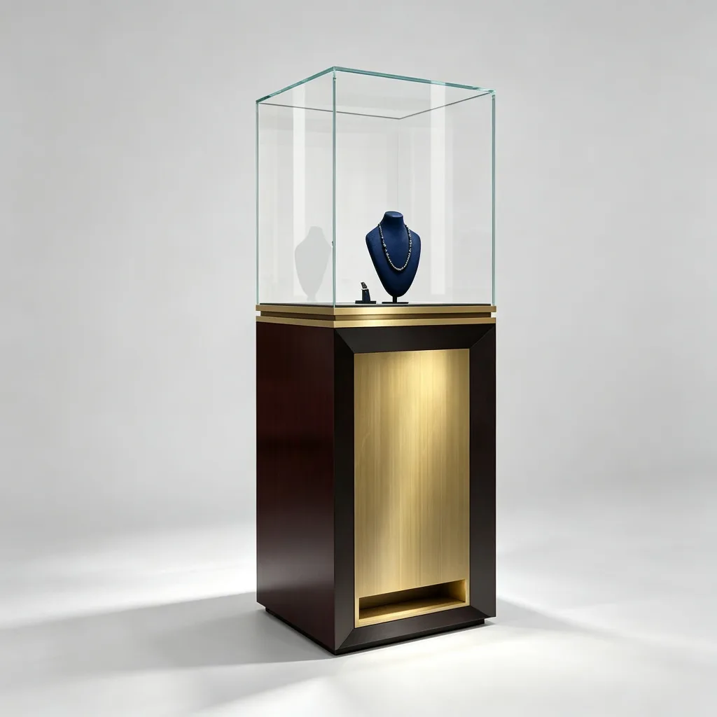 Square Glass Jewelry Display Case Dark Wood Gold Brass Pedestal Stand — view 3