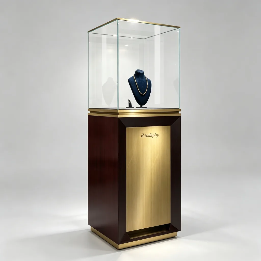 Square Glass Jewelry Display Case Dark Wood Gold Brass Pedestal Stand