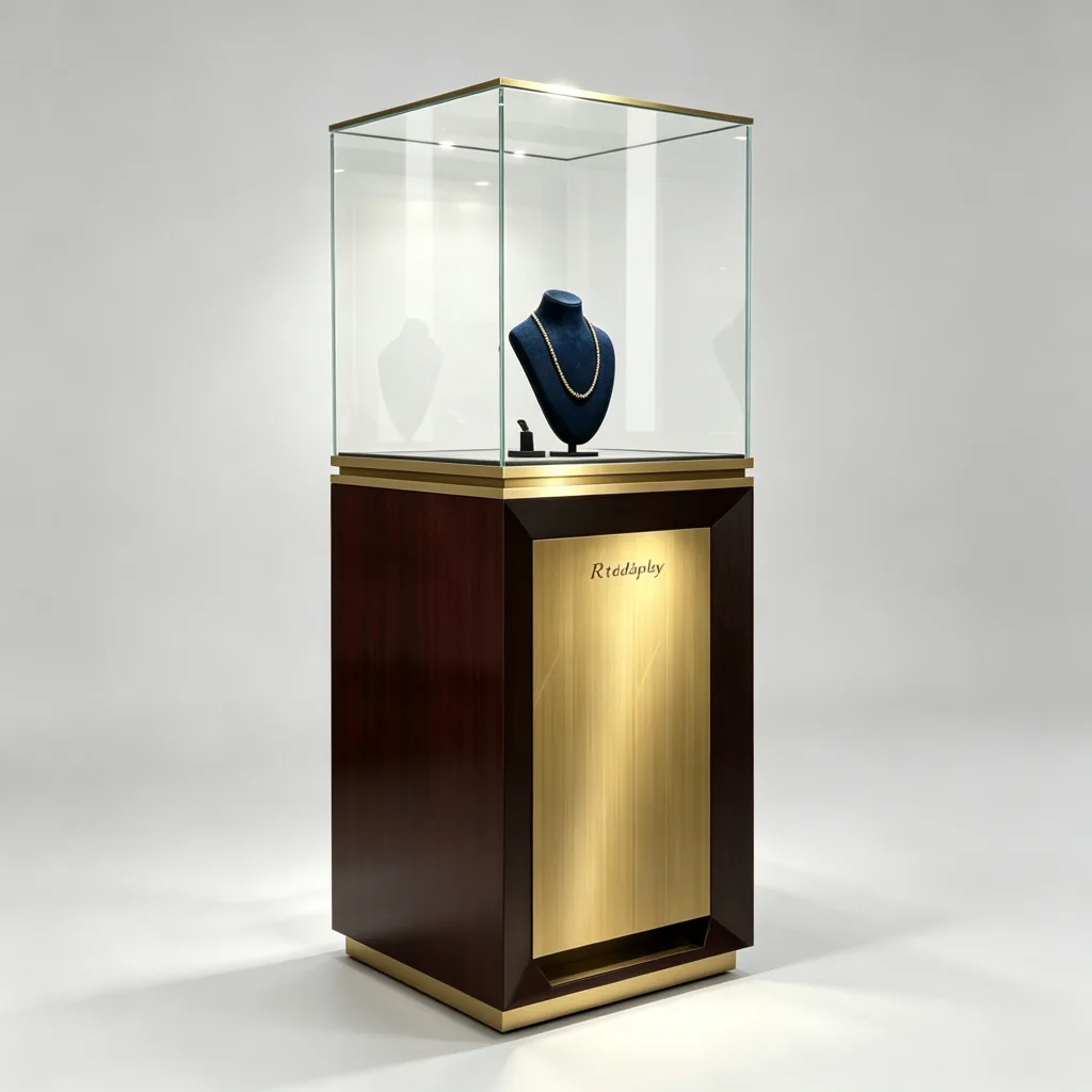 Square Glass Jewelry Display Case Dark Wood Gold Brass Pedestal Stand — view 2
