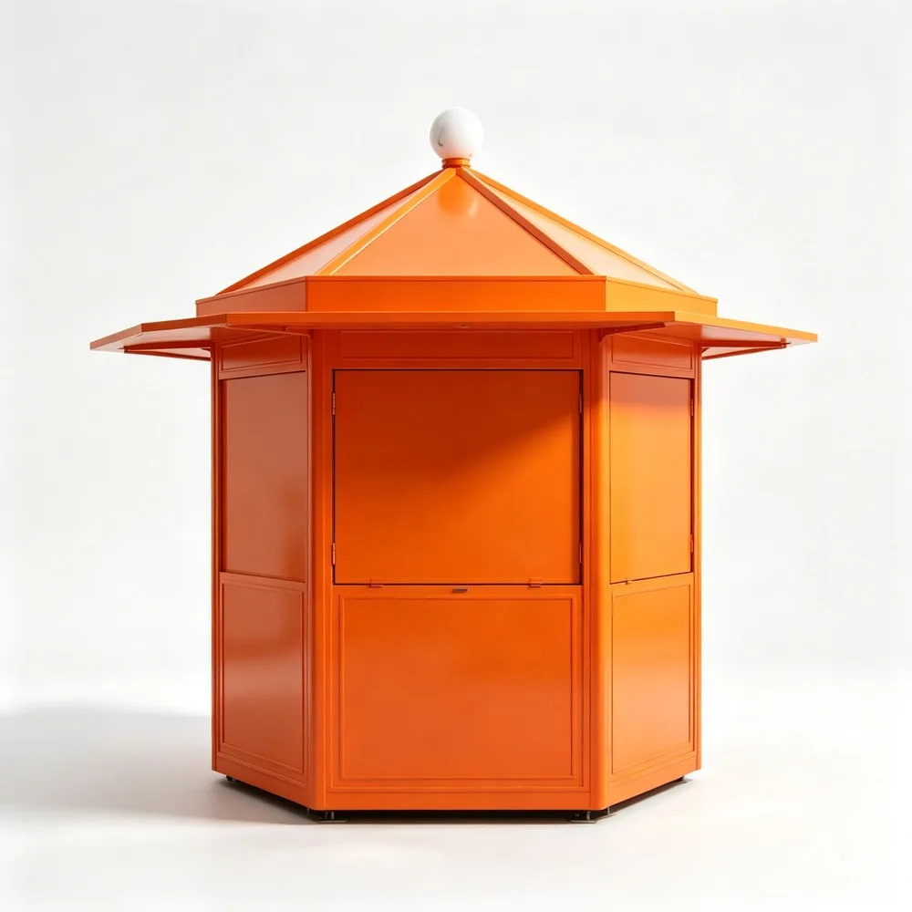 Square Outdoor Information Kiosk with Pyramid Roof – Custom Bright Orange Metal Panel Visitor Service Booth with Awning for City Streets — view 4