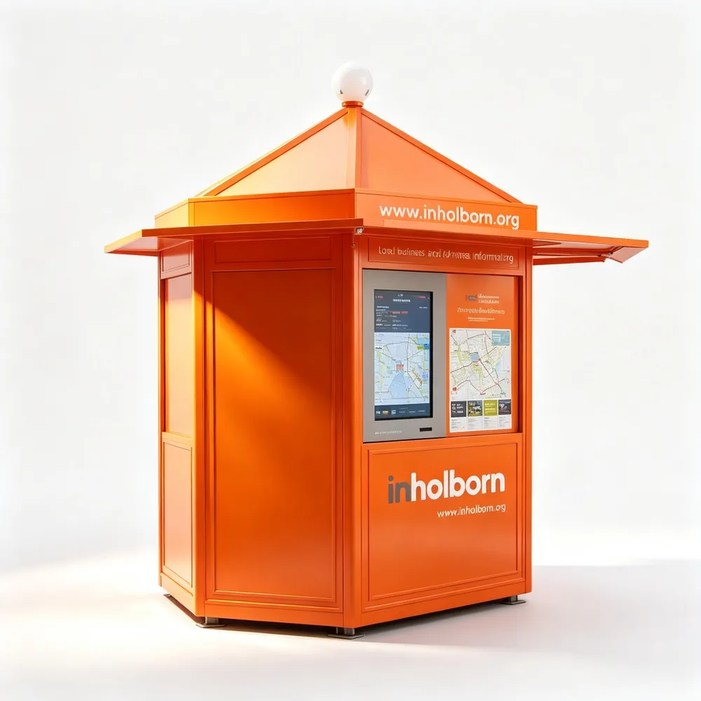 Square Outdoor Information Kiosk with Pyramid Roof – Custom Bright Orange Metal Panel Visitor Service Booth with Awning for City Streets — view 3