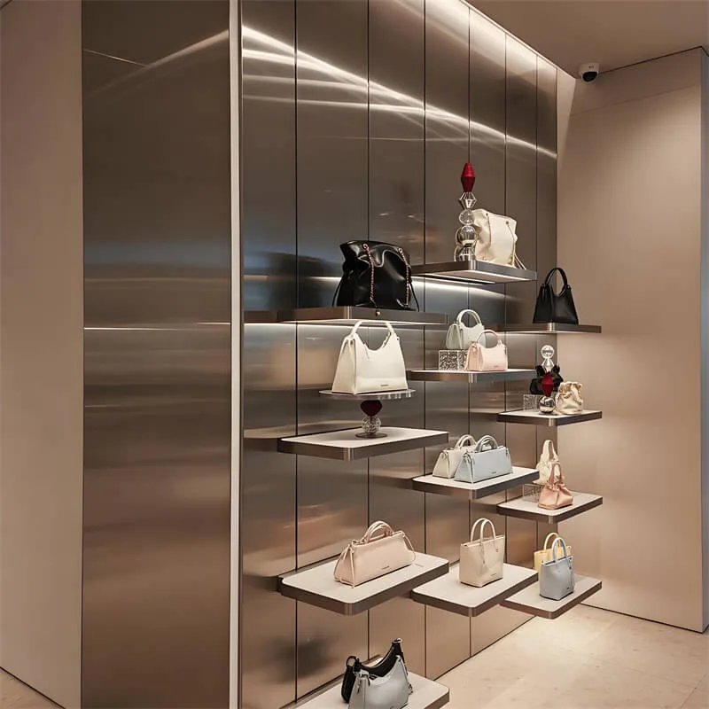 Stainless Steel Handbag Display Wall Rack | Luxury Brand Store Bag Display Cabinet | White Lacquered Shelf + Staggered Layer Boards — view 2
