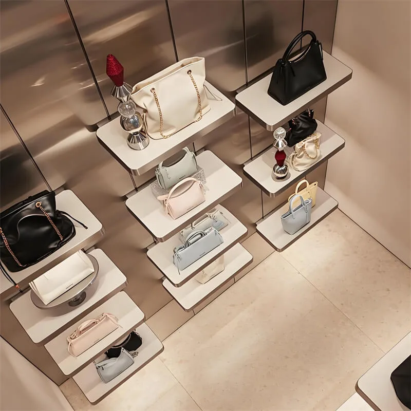 Stainless Steel Handbag Display Wall Rack | Luxury Brand Store Bag Display Cabinet | White Lacquered Shelf + Staggered Layer Boards